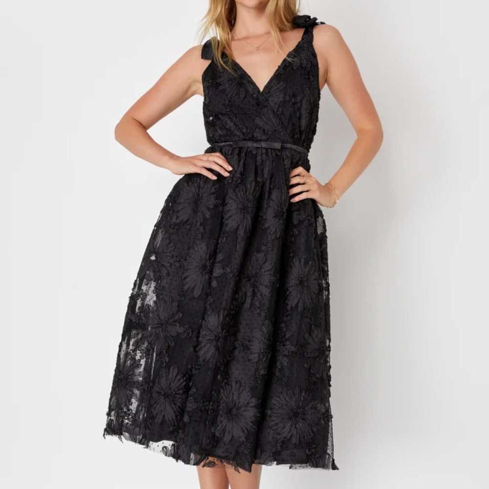 Black Floral Applique Tie-Strap Midi Dress